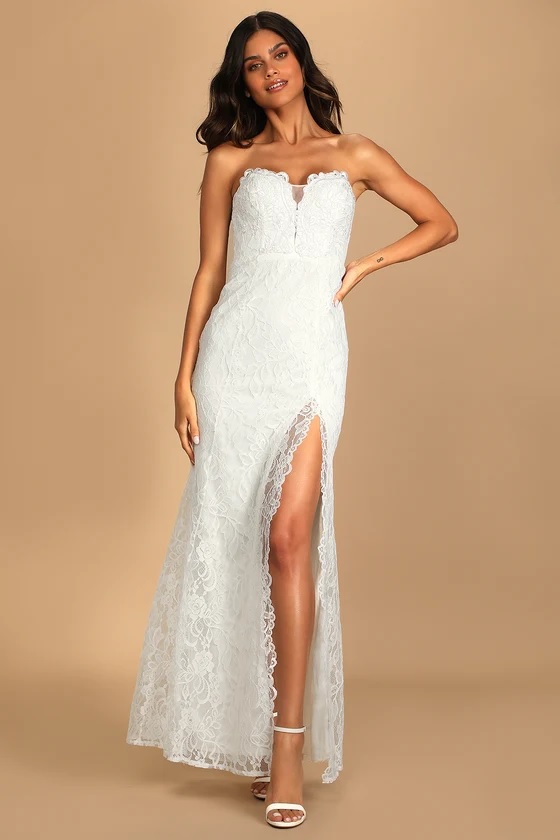 4-1 Forever Lover White Lace Strapless Mermaid Maxi Dress