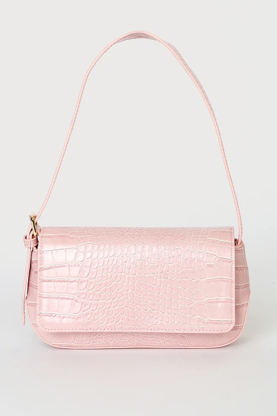 7-1 Croc and Roll Pink Crocodile Embossed Mini Shoulder Bag