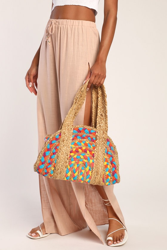 8-1 Braids and Shades Beige and Multi Woven Straw Shoulder Bag